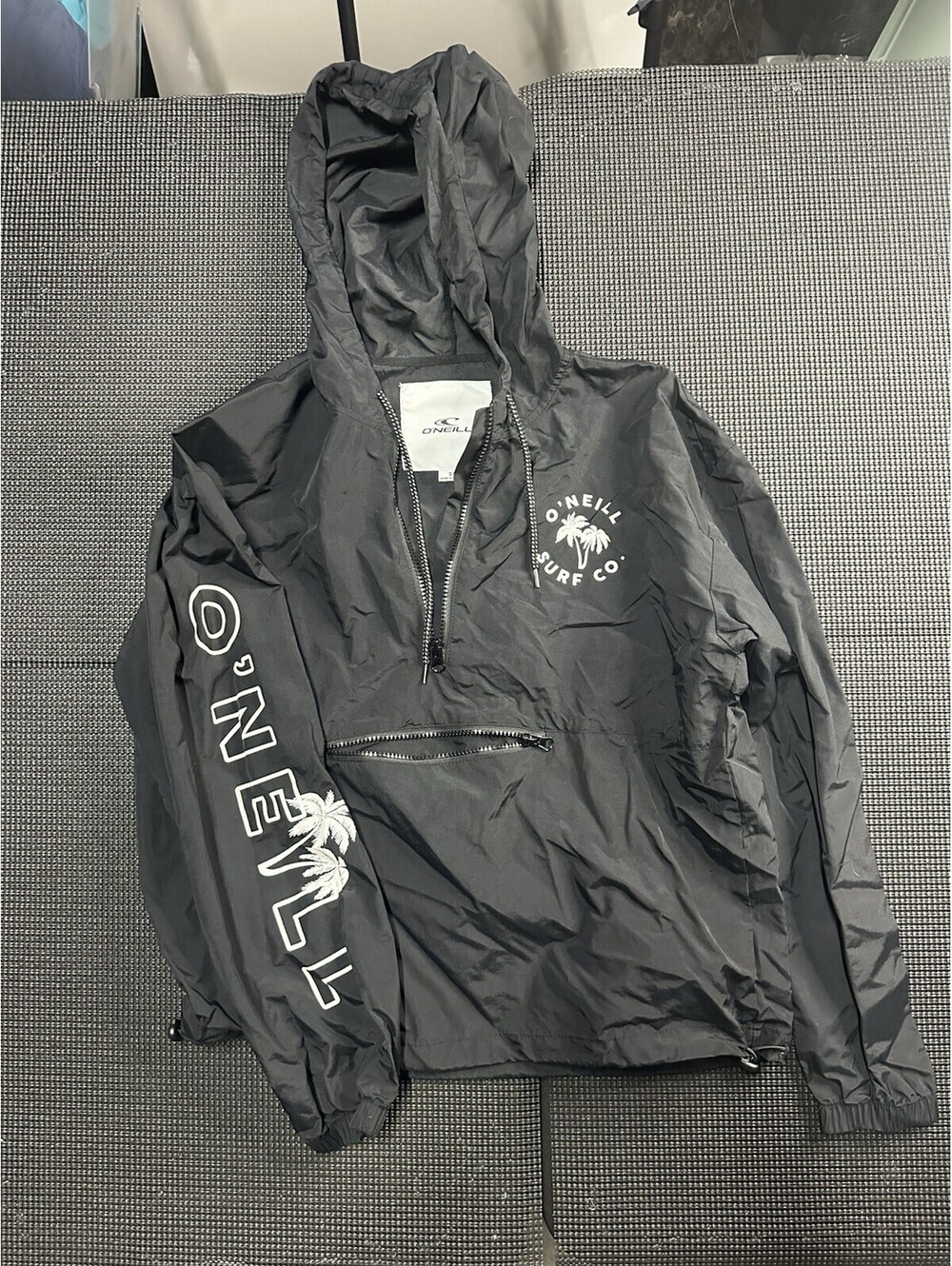 O’Neill Surf Co Pullover Windbreaker Anorak Jacket Small Black Hooded Surf Skate